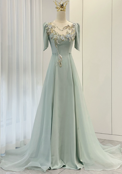 Beauty Prom Dress A Line Light Green Crew Neck Evening Dress Formal Dress cc5717