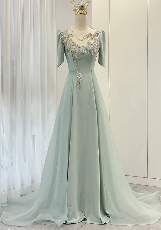 Beauty Prom Dress A Line Light Green Crew Neck Evening Dress Formal Dress cc5717