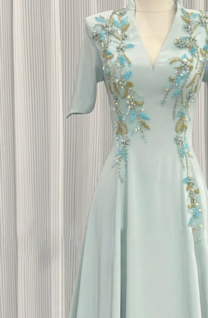 Pretty Prom Dress A Line Light Green V-neck Pleated Evening Dress Formal Dress cc5718