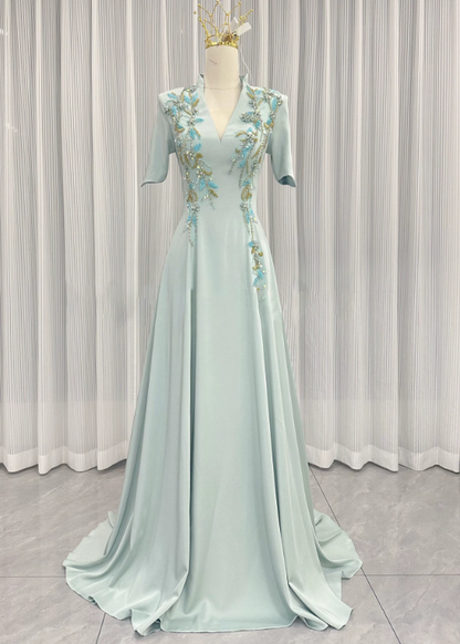 Pretty Prom Dress A Line Light Green V-neck Pleated Evening Dress Formal Dress cc5718