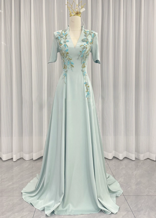 Pretty Prom Dress A Line Light Green V-neck Pleated Evening Dress Formal Dress cc5718