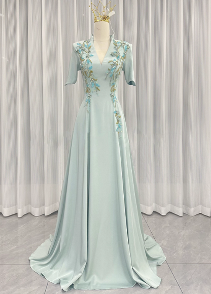 Pretty Prom Dress A Line Light Green V-neck Pleated Evening Dress Formal Dress cc5718
