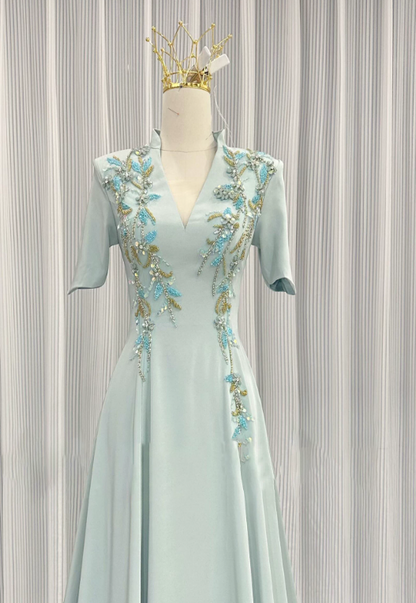Pretty Prom Dress A Line Light Green V-neck Pleated Evening Dress Formal Dress cc5718