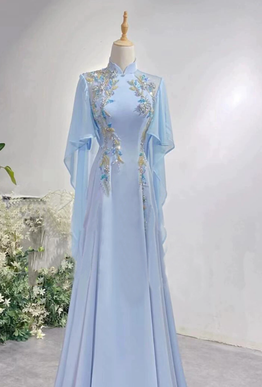 Pretty Prom Dress A Line Light Blue Hight Collar Evening Dress Formal Dress cc5719