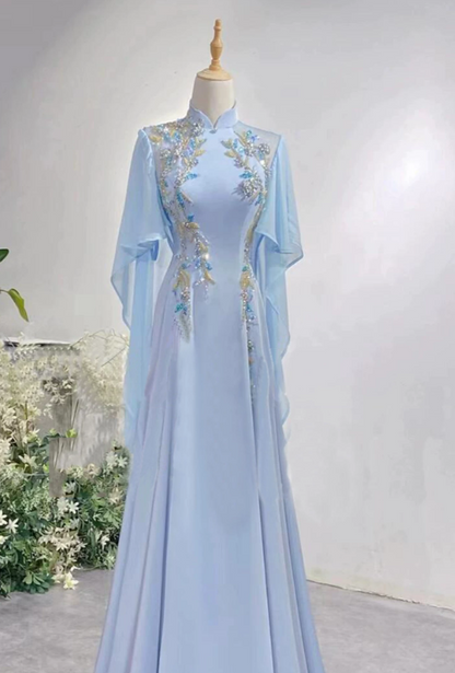 Pretty Prom Dress A Line Light Blue Hight Collar Evening Dress Formal Dress cc5719