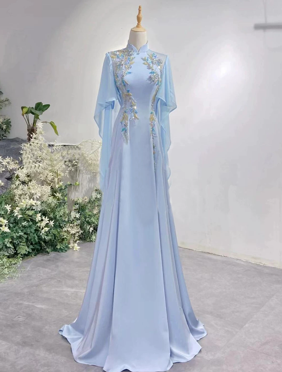 Pretty Prom Dress A Line Light Blue Hight Collar Evening Dress Formal Dress cc5719