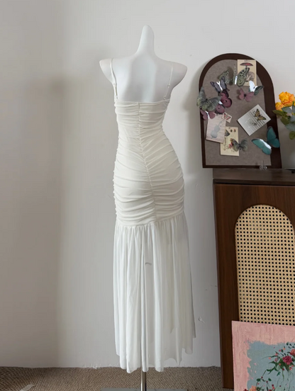Elegant Prom Dress Spagehtti Straps White Pleated Mermaid Evening Dress Gala Dress cc5722