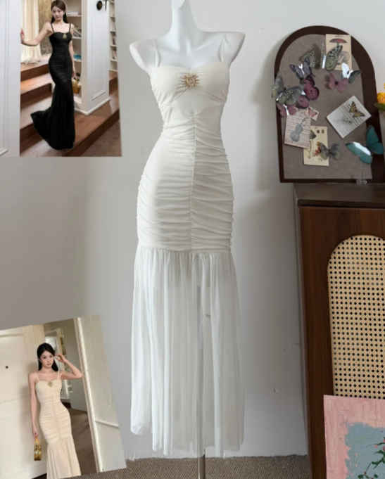 Elegant Prom Dress Spagehtti Straps White Pleated Mermaid Evening Dress Gala Dress cc5722