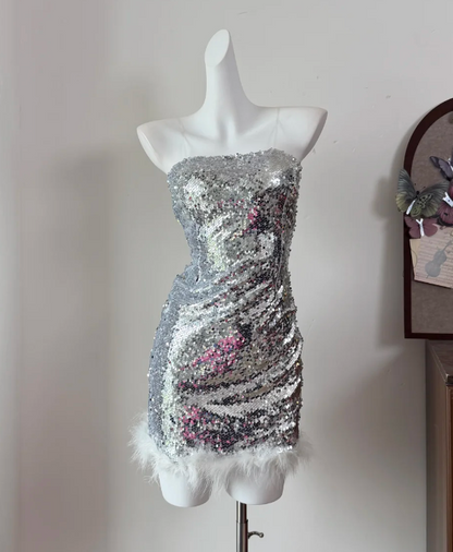Shiny Homecoming Dress Strapless Sequins Feather Birthday Party Dress Cocktail Dress cc5723