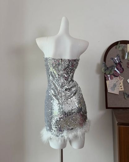Shiny Homecoming Dress Strapless Sequins Feather Birthday Party Dress Cocktail Dress cc5723