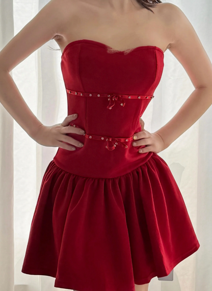 Charming Homecoming Dress Red A Line Strapless Pleated Birthday Party Dress Cocktail Dress cc5727