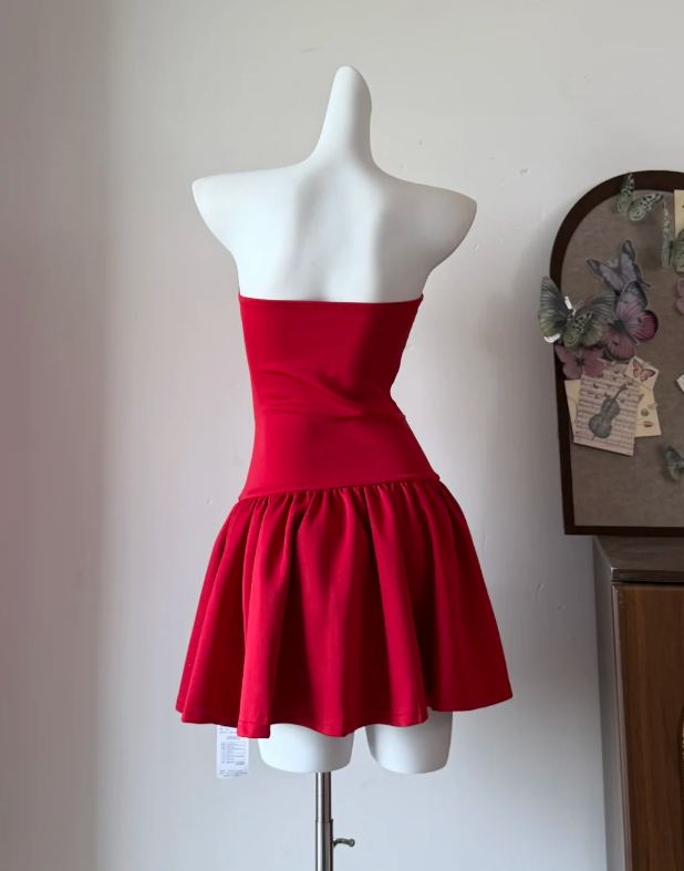Charming Homecoming Dress Red A Line Strapless Pleated Birthday Party Dress Cocktail Dress cc5727