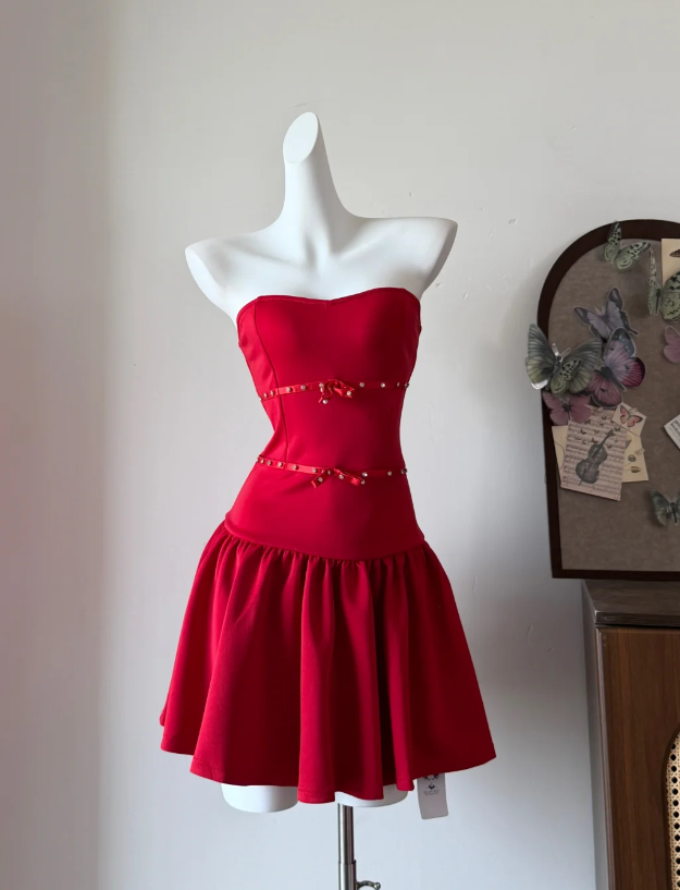 Charming Homecoming Dress Red A Line Strapless Pleated Birthday Party Dress Cocktail Dress cc5727