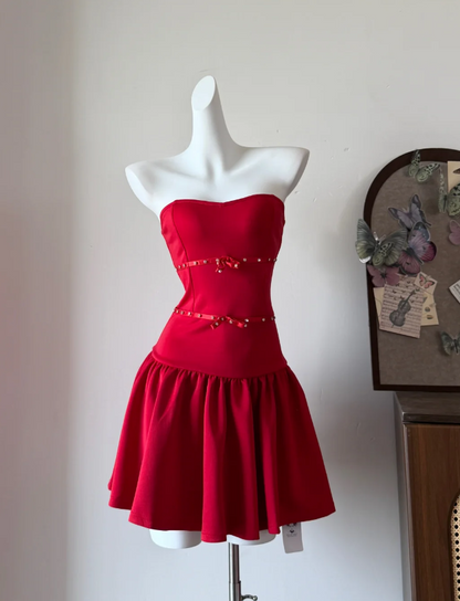 Charming Homecoming Dress Red A Line Strapless Pleated Birthday Party Dress Cocktail Dress cc5727
