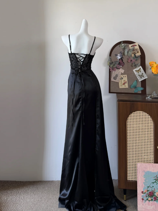 Beauty Prom Dress Black Spaghetti Straps Pleated Evening Dress Gala Dress cc5728