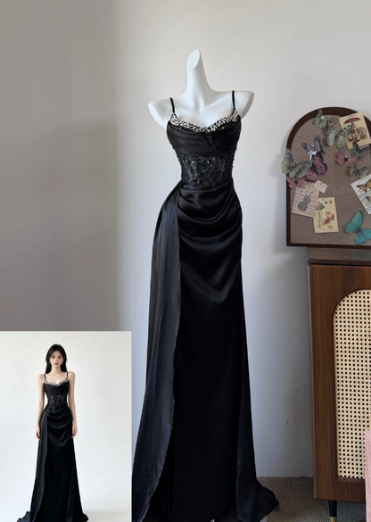 Beauty Prom Dress Black Spaghetti Straps Pleated Evening Dress Gala Dress cc5728