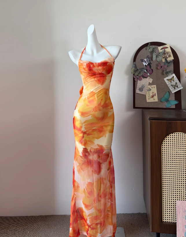 Stunning Prom Dress Halter Print Mermaid Evening Dress Gala Dress cc5729