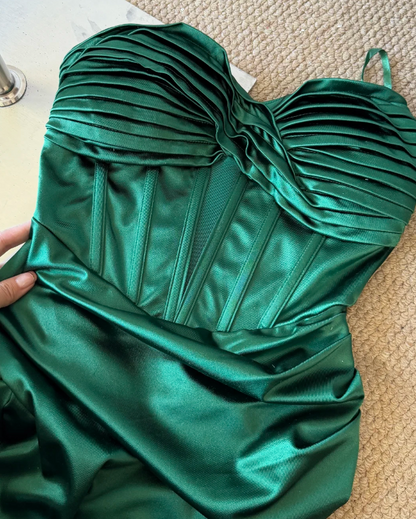 Elegant Prom Dress Dark Green Satin Sweetheart Pleated Slit Evening Dress Gala Dress cc5730