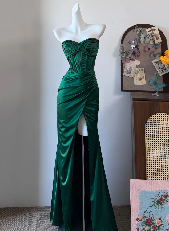Elegant Prom Dress Dark Green Satin Sweetheart Pleated Slit Evening Dress Gala Dress cc5730