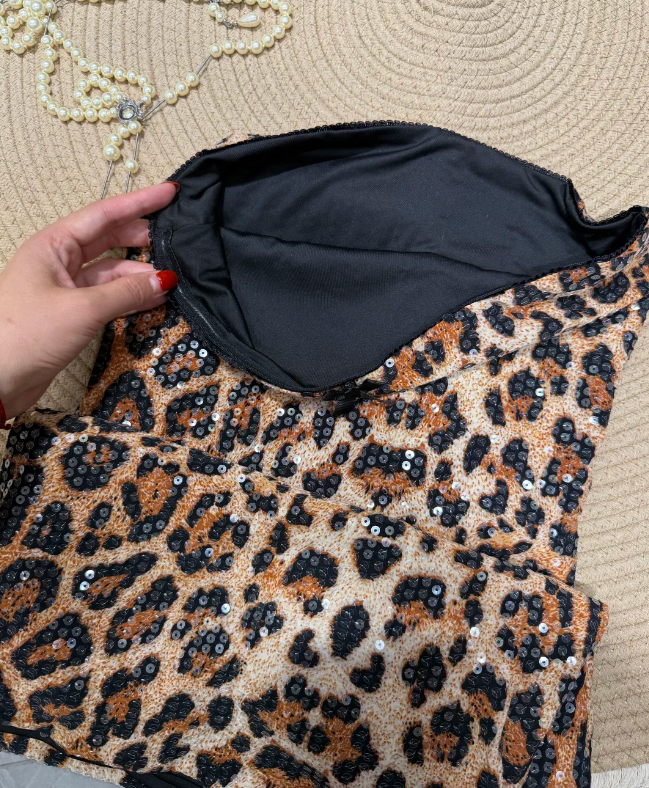 Sexy Prom Dress Strapless Leopard Print Sequins Evening Dress Gala Dress cc5732