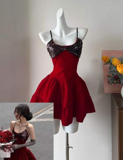 Stunning Homecoming Dress Red A Line Spaghetti Straps Sequins Birthday Party Dress Cocktail Dress cc5733