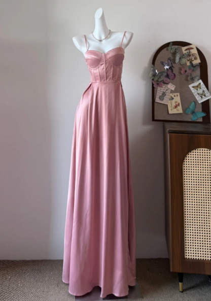 Beauty Prom Dress Pink Spaghetti Straps Satin Long Evening Dress Gala Dress cc5735