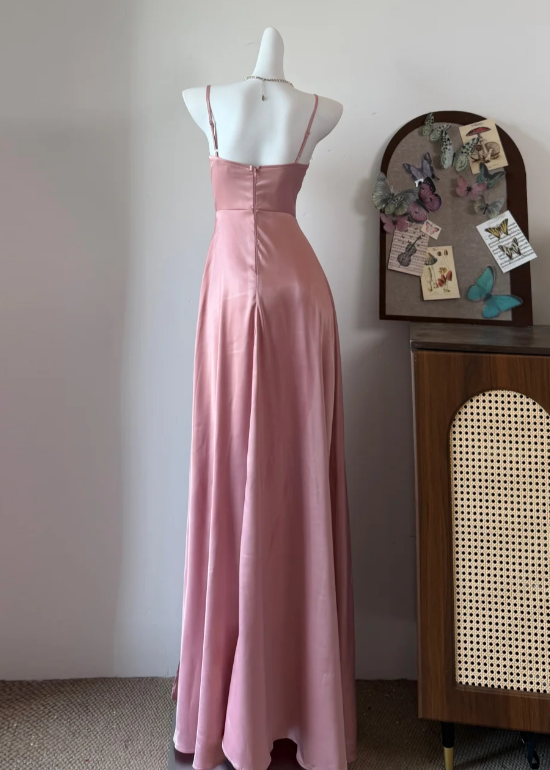Beauty Prom Dress Pink Spaghetti Straps Satin Long Evening Dress Gala Dress cc5735