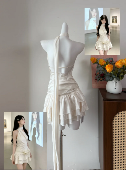 New Arrival Homecoming Dress Ivory Halter Pleated Tiered Birthday Party Dress Cocktail Dress cc5736