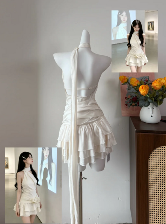 New Arrival Homecoming Dress Ivory Halter Pleated Tiered Birthday Party Dress Cocktail Dress cc5736
