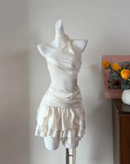New Arrival Homecoming Dress Ivory Halter Pleated Tiered Birthday Party Dress Cocktail Dress cc5736
