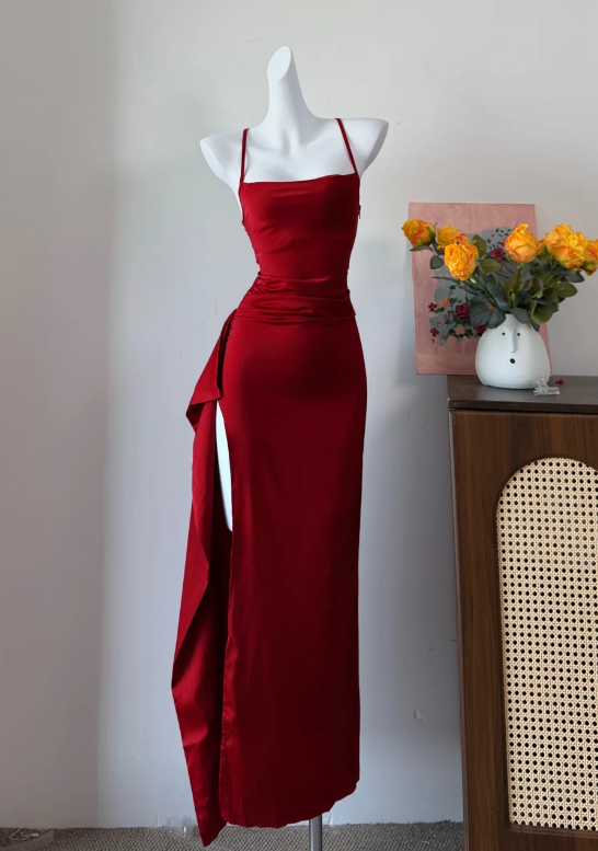 Sexy Prom Dress Red Spaghetti Straps Slit Long Evening Dress Gala Dress cc5738
