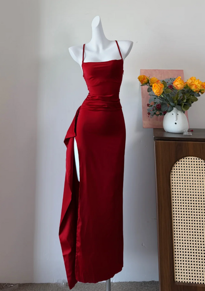 Sexy Prom Dress Red Spaghetti Straps Slit Long Evening Dress Gala Dress cc5738