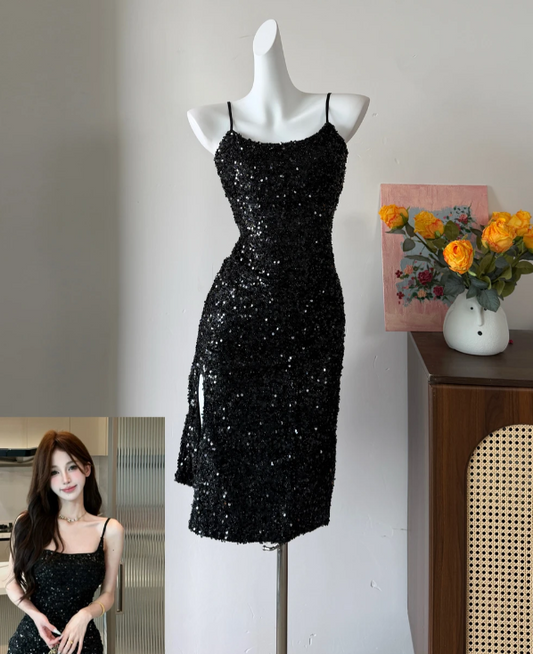 Shiny Homecoming Dress Black Spaghetti Straps Sequins Slit Birthday Party Dress Cocktail Dress cc5742