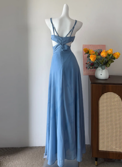 Elegant Prom Dress Blue Spaghetti Straps Chiffon Long Evening Dress Gala Dress cc5743