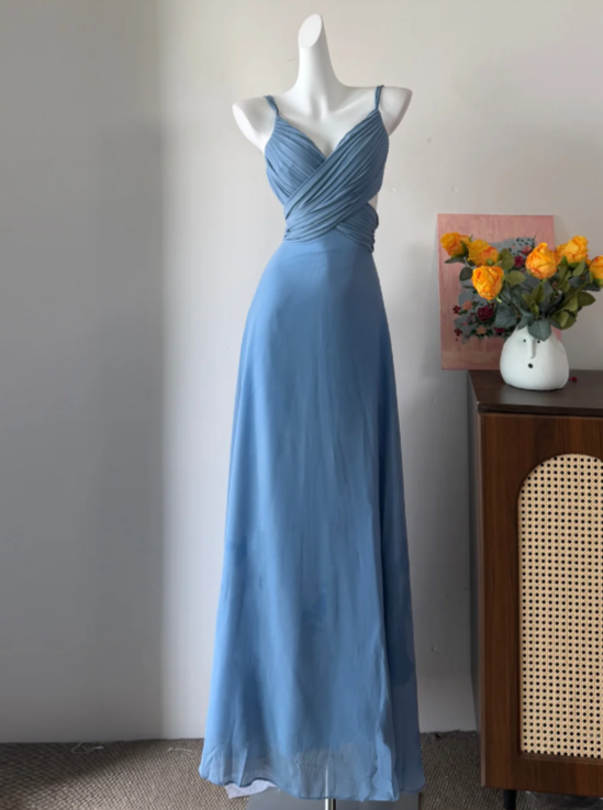 Elegant Prom Dress Blue Spaghetti Straps Chiffon Long Evening Dress Gala Dress cc5743
