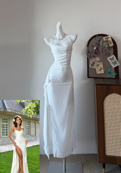 Elegant Prom Dress White Spaghetti Straps Chiffon Slit Long Evening Dress Gala Dress cc5744