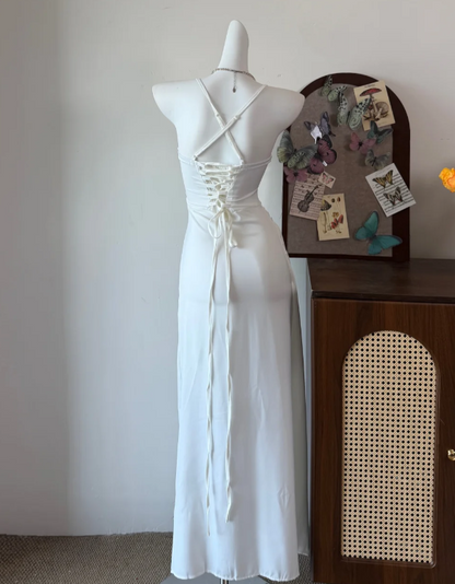 Elegant Prom Dress White Spaghetti Straps Chiffon Slit Long Evening Dress Gala Dress cc5744