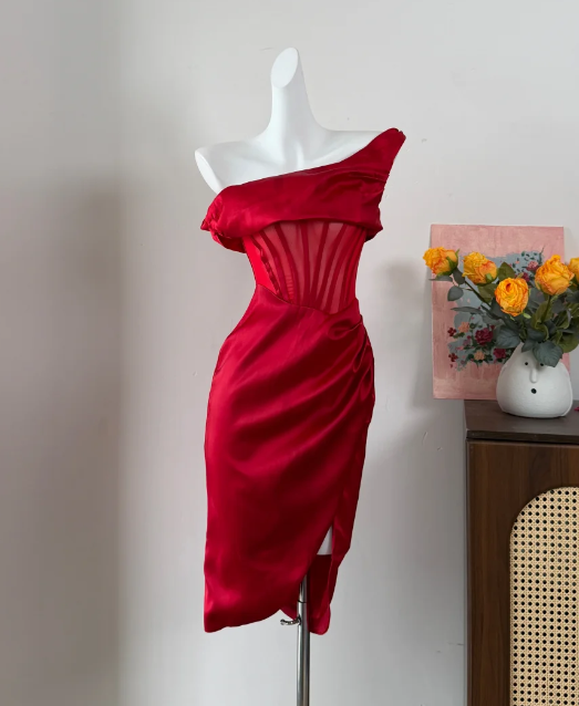 Chic Homecoming Dress Red One Shoulder Stain Slit Birthday Party Dress Cocktail Dress cc5746