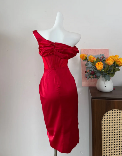 Chic Homecoming Dress Red One Shoulder Stain Slit Birthday Party Dress Cocktail Dress cc5746