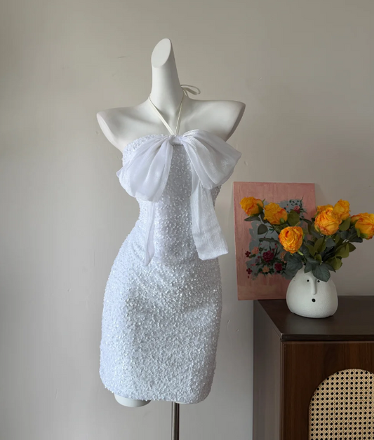 Stunning Homecoming Dress Halter White Beading Birthday Party Dress Cocktail Dress cc5748
