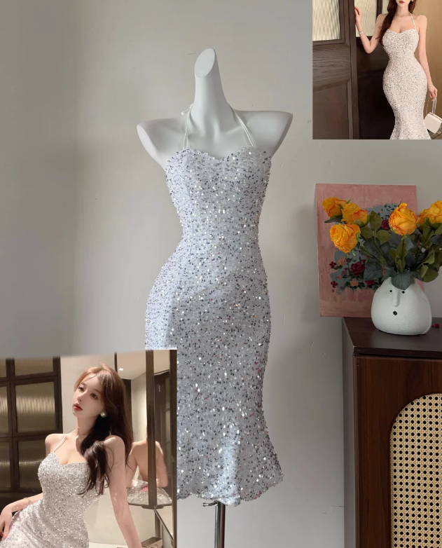 Shiny Homecoming Dress Halter White Sequins Sheath Birthday Party Dress Cocktail Dress cc5749