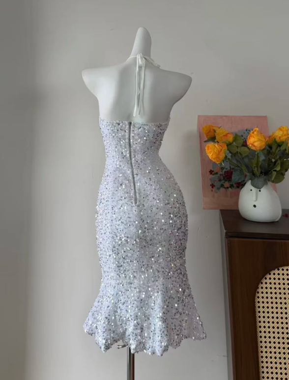 Shiny Homecoming Dress Halter White Sequins Sheath Birthday Party Dress Cocktail Dress cc5749