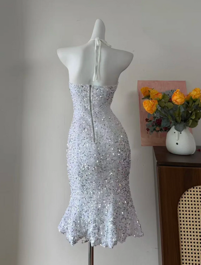 Shiny Homecoming Dress Halter White Sequins Sheath Birthday Party Dress Cocktail Dress cc5749