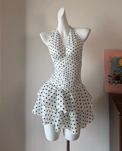 Chic Homecoming Dress A Line Halter Polka Dots Birthday Party Dress Cocktail Dress cc5751