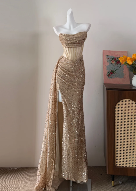 Shiny Prom Dress Strapless Gold Slit Gala Dress Long Evening Dress  cc5757