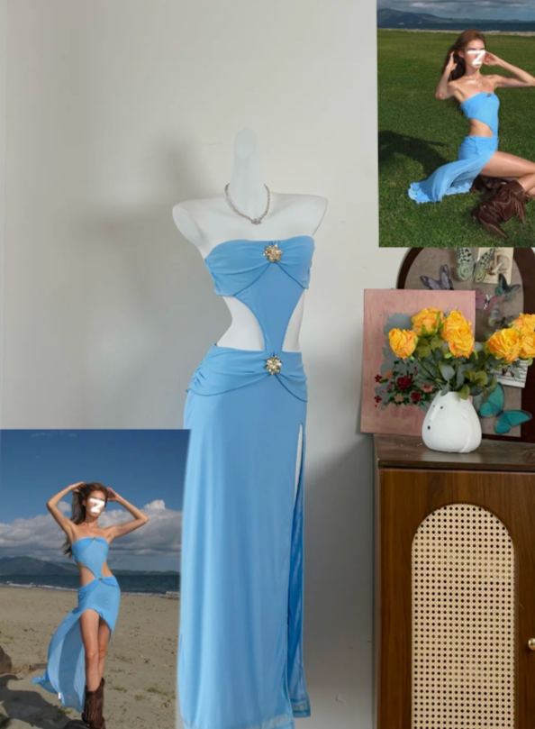 Beauty Prom Dress Strapless Blue Slit Gala Dress Long Evening Dress  cc5758