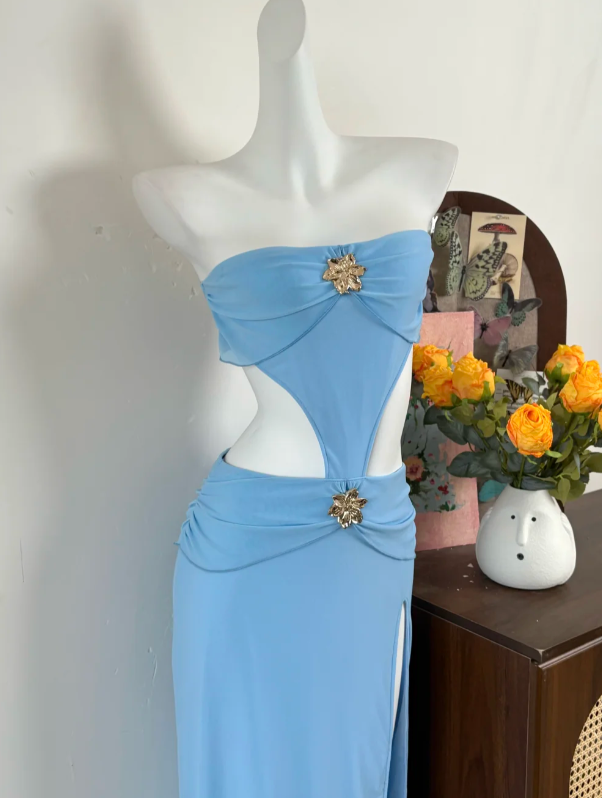 Beauty Prom Dress Strapless Blue Slit Gala Dress Long Evening Dress  cc5758