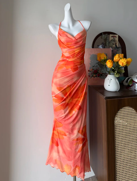 Charming Prom Dress Halter Print Pleated Gala Dress Long Evening Dress  cc5760