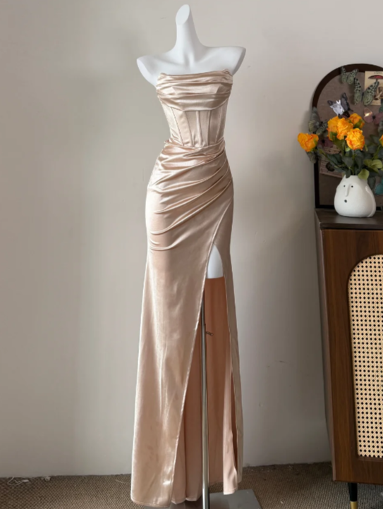 Beauty Prom Dress Stain Champagne Strapless Pleated Slit Gala Dress Long Evening Dress  cc5763
