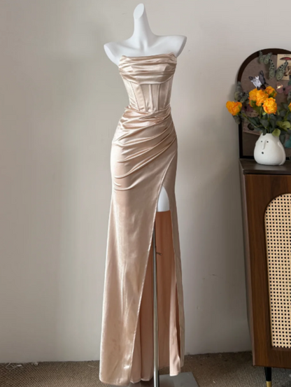 Beauty Prom Dress Stain Champagne Strapless Pleated Slit Gala Dress Long Evening Dress  cc5763